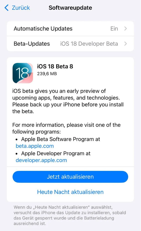 绥芬河苹果手机维修分享苹果 iOS / iPadOS 18 开发者预览版 Beta 8 发布 